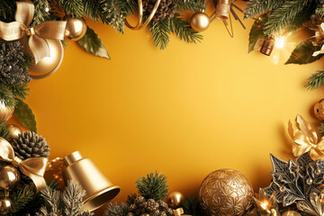 Festive Christmas background with gold ornaments, pine branches, and decorative elements creating warm holiday atmosphere. Perfect for seasonal celebrations and joyful greetings