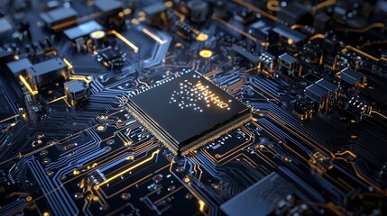 Close-up View of a Computer Microchip on a Circuit Board Background