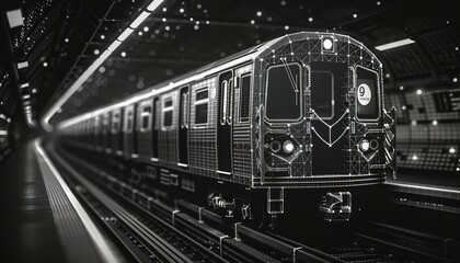 Abstract low poly 3d wireframe of modern train at railway station or metro. 