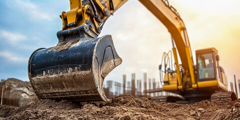 Excavator working on construction site during sunset