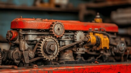 A close-up of a rusty engine component, showcasing gears and mechanical parts.