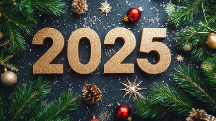 Glittery "2025" numbers surrounded by festive pine branches for a cheerful holiday setting