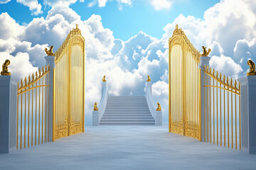 Golden gates leading to a heavenly stairway in the clouds