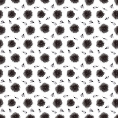 Watercolor black and white seamless pattern with plants and beetles