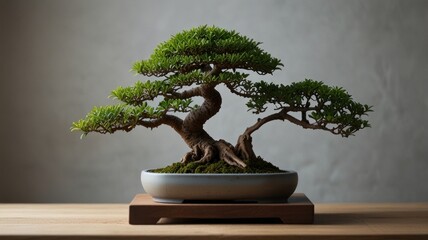 Serene bonsai tree in elegant pot on wooden stand.