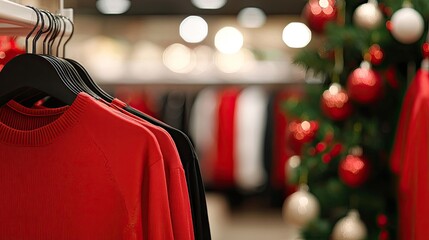 Business shop boutique concept. A cozy clothing display featuring red and black sweaters, with a festive Christmas tree adorned with ornaments in the background.