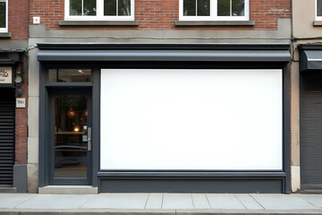 Blank white restaurant sign mockup, large billboard banner on a storefront door mock up template.