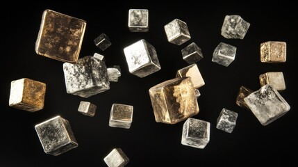 A collection of metallic cubes in various shades, floating against a dark background.