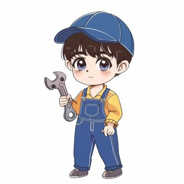 recommend clip art: A cute cartoon boy in overalls and a baseball cap, holding a wrench.