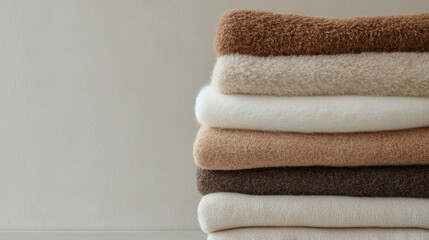 A stack of soft, neatly folded towels in various shades of brown and cream, showcasing a cozy and minimalist aesthetic.