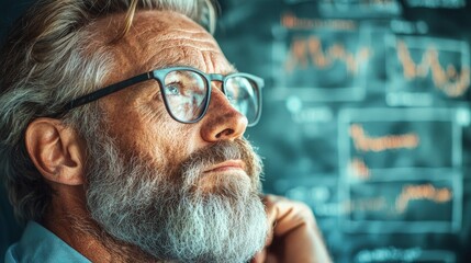Thoughtful mature man contemplating financial charts.