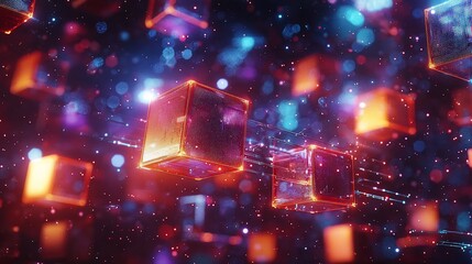 Fototapeta premium Glowing cubes float in a digital space, connected by lines of light.