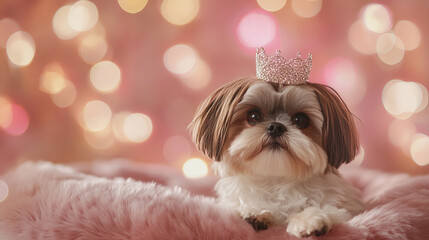Shih Tzu dog wearing tiny sparkling crown poses on plush pink cushion, surrounded by dreamy bokeh background of warm lights, creating whimsical and royal atmosphere