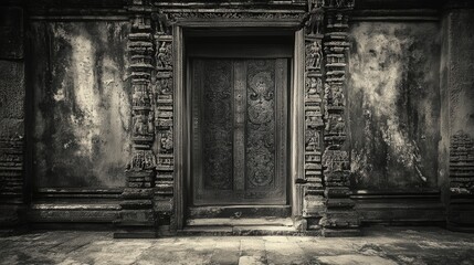 an ancient temple door, its once vibrant carvings now faded with time. The black