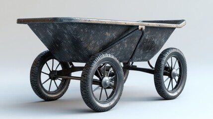 A vintage-style wheelbarrow with a weathered appearance and sturdy wheels.