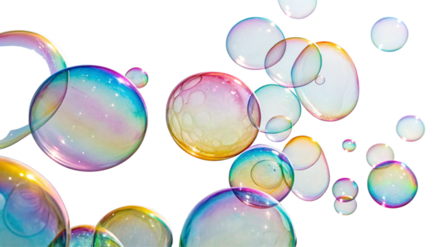Glass bubbles with colorful eggs float in the air, forming a beautiful, transparent sphere