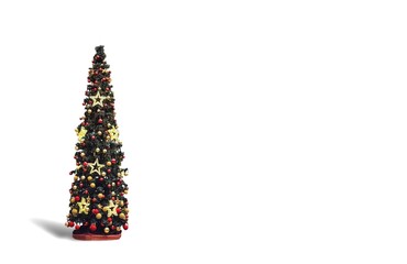 Photo of a tall, slender Christmas tree adorned with golden stars, red and gold ornaments, standing against a plain white background with space for text.
