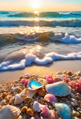colorful seashells resting soft sandy beach gentle ocean waves lapping shoreline creating serene natural landscape, coast, coastline, marine, tropical, nature