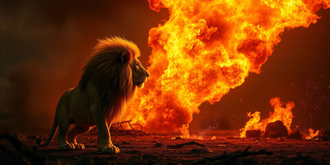 Obraz premium lion with fire illustration design in a beautiful background