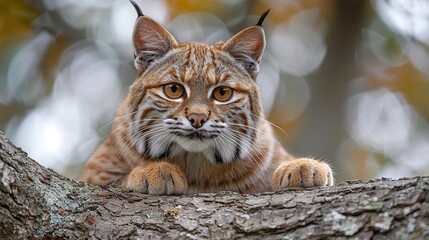 A majestic bobcat, perched on a tree branch, gazes intently into the camera. Its fur is a blend of warm browns and tans, contrasting beautifully against the blurred autumnal background.