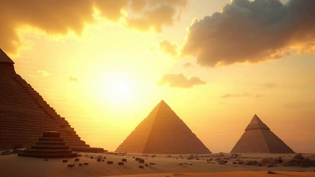 A large, golden ankh with wings stands prominently in front of three pyramids in a desert landscape under a clear sky. This image combines iconic symbols of ancient Egyptian culture, emphasizing histo
