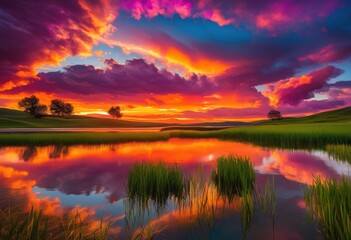 Obraz premium vibrant sunset reflections highlighting quirky cloud shapes rich color combinations over serene landscape, clouds, colors, sky, horizon, evening, dramatic