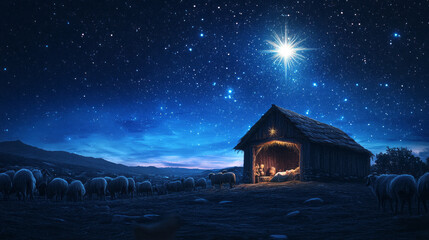 Wooden Stable at Dark Blue Starry Night, Jesus Christ Birth Concept Banner with Copy Space