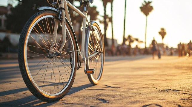 Bicycle stands on a promenade at sunset with people walking in the background - Powered by Adobe
