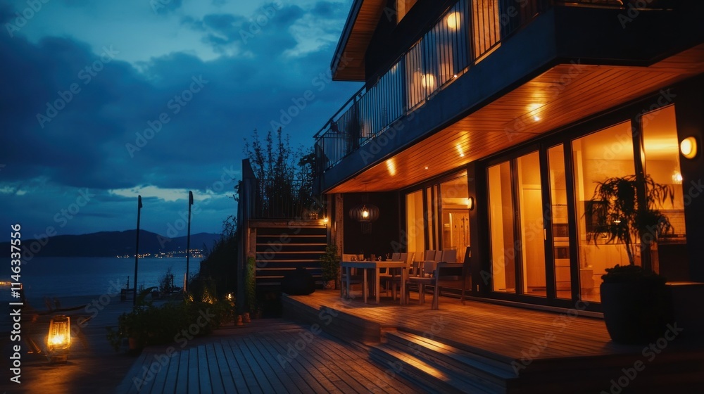 Poster a cozy modern home by the water, illuminated at night, creating a warm and inviting atmosphere.