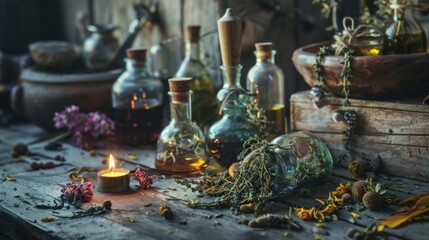Vintage glass bottles with herbs and essential oils