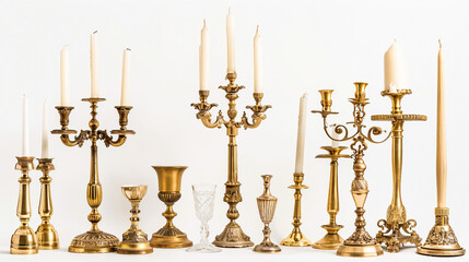 Vintage Brass Candlesticks with Crystal Candelabra on white background.PNG