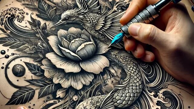 Intricate tattoo art featuring a majestic phoenix and blooming rose crafted by a skilled artist