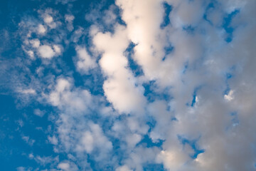 Sky background. Blue sky with white clouds for publication, design, poster, calendar, post, screensaver, wallpaper, postcard, banner, cover, website. High quality photography