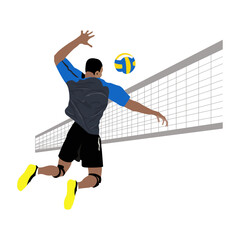 Professional volleyball player attacks over net. Athlete jumps, swings to hit ball. Sportsman in uniform plays team sport game. Dynamic motion. Flat isolated vector illustration on white background