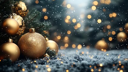 Group of Gold Ornaments on Snow.