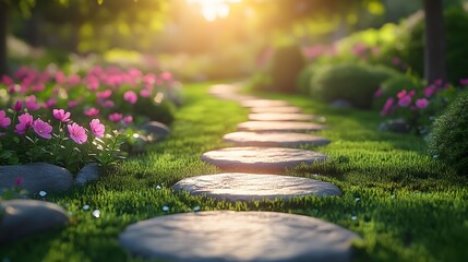 A tranquil park pathway with round stepping stones, lush green garden, pink wildflowers, natural stone walkway, and sunset golden hour light creates a dreamy garden atmosphere.