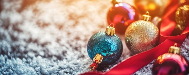 Obraz premium Colorful Christmas ornaments on a snowy background, symbolizing holiday decoration.
