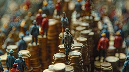 Miniature figures stand atop stacks of coins, illustrating themes of finance and industry.