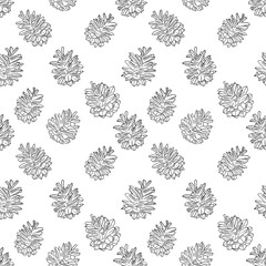 Fototapeta premium Vector seamless pattern with pine cones in black on white background. Hand drawn vector sketch illustration in doodle engraved vintage outline style. Nature botanical winter design
