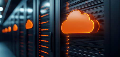 Futuristic server room with glowing digital cloud icons and sleek design