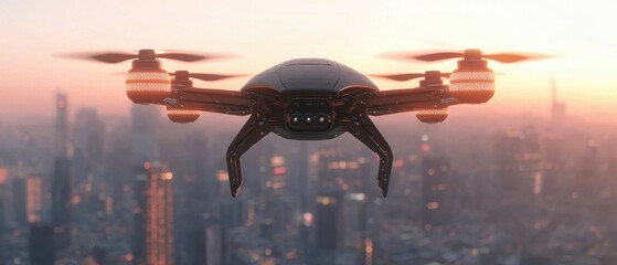 Futuristic Drone Flying Over A Cityscape At Dusk