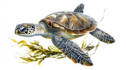 Obraz premium A detailed illustration of a sea turtle swimming among seaweed.