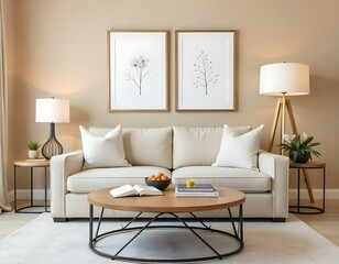 A cozy living room with a beige sectional sofa, a wooden coffee table, and two framed wall art pieces