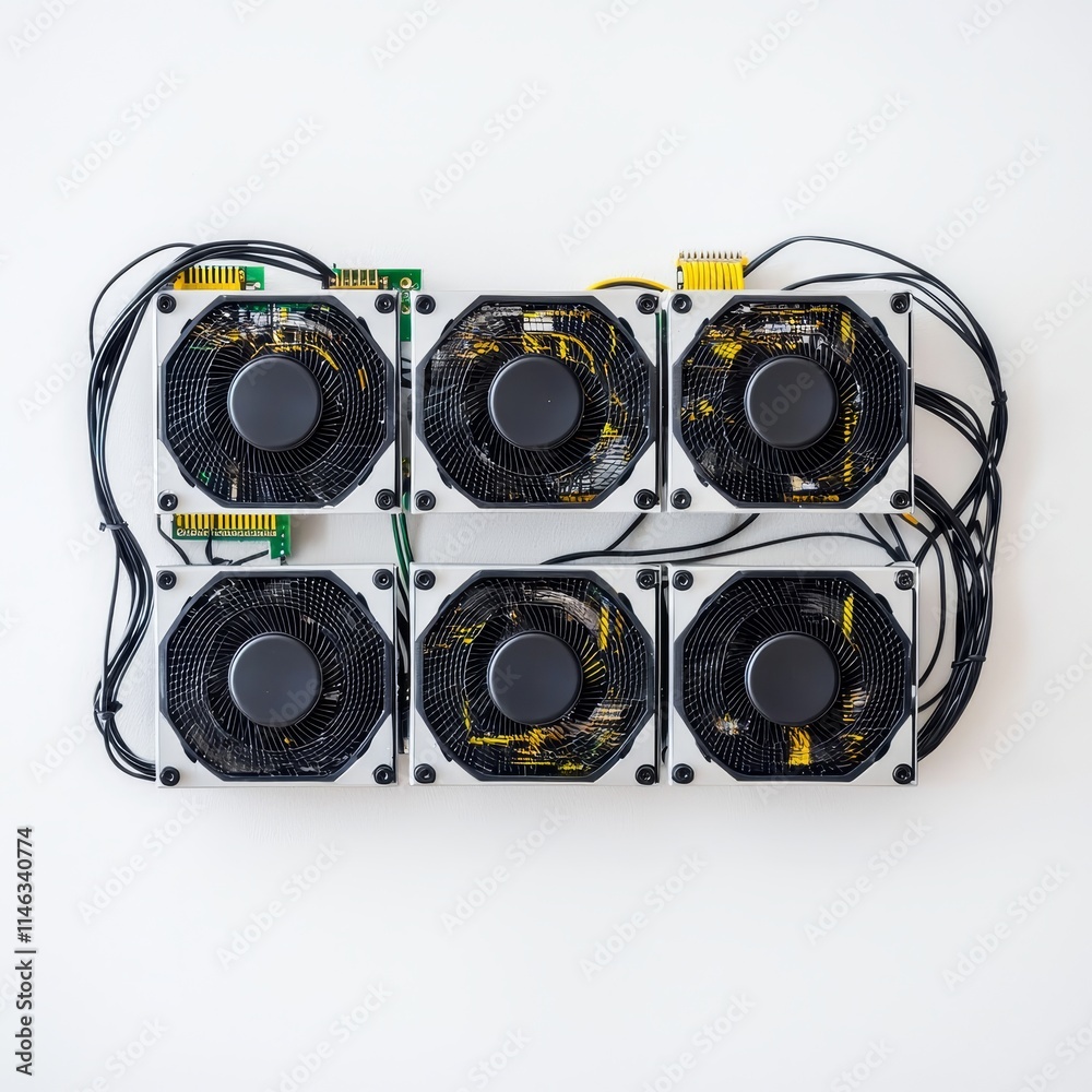 Poster a color 3d rendering of a design element showing a dark bitcoin cryptocurrency mining farm.