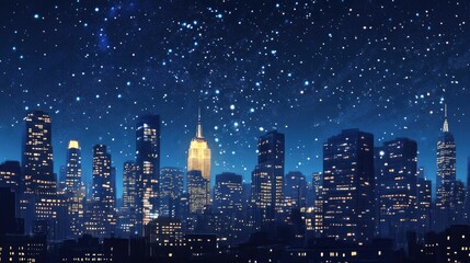 Fototapeta premium Serene Night Skyline of a Bustling City Illuminated by Stars with a Focus on Iconic Skyscrapers and a Glimmering Atmosphere of Urban Life