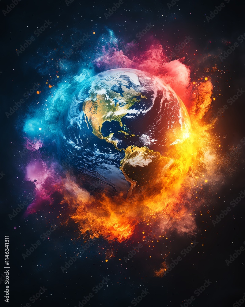 Aufkleber Planet Earth with vivid color splashes exploding from its surface, creating a surreal and abstract visual, ultradetailed, photorealistic, 8K