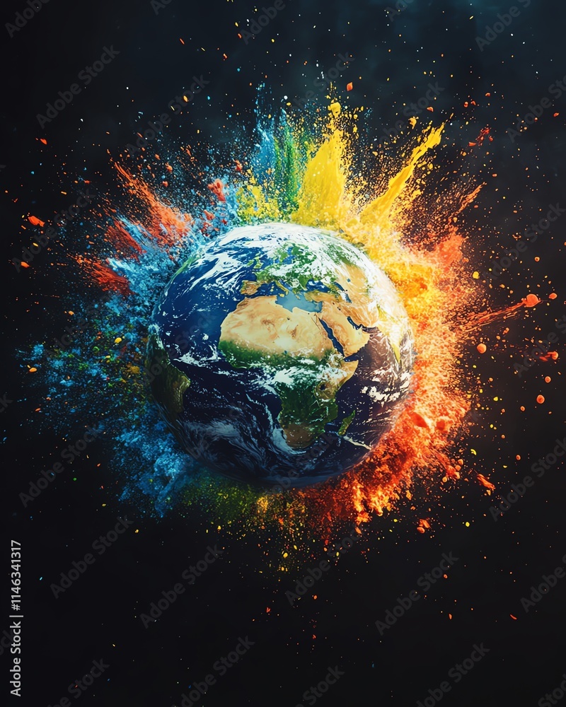 Aufkleber Planet Earth with vivid color splashes exploding from its surface, creating a surreal and abstract visual, ultradetailed, photorealistic, 8K