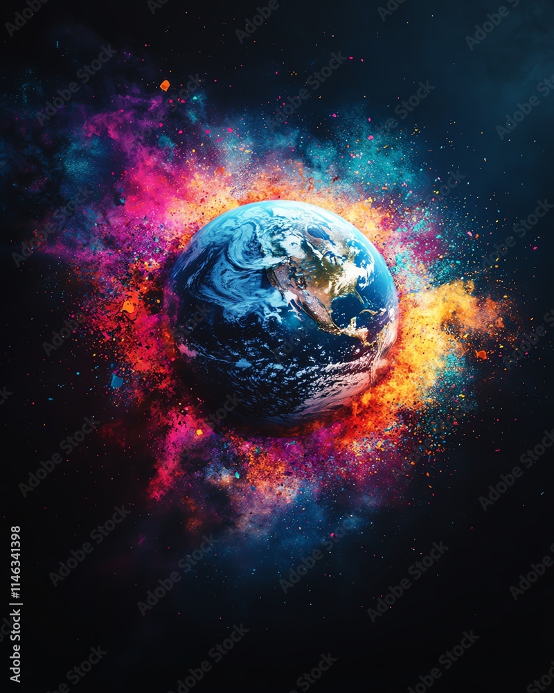 Aufkleber Planet Earth with vivid color splashes exploding from its surface, creating a surreal and abstract visual, ultradetailed, photorealistic, 8K