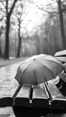 A lonely umbrella on a wet park bench.