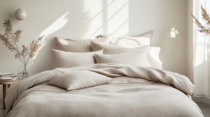 A simple and elegant room wall clock with a muted gray face, mounted on the wall of a minimalist bedroom with neutral-toned walls and simple